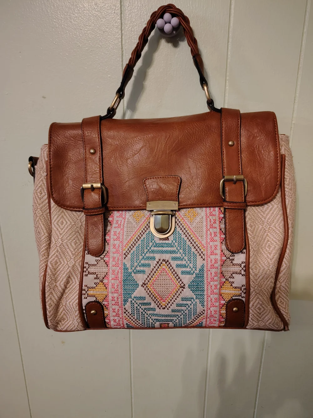 Brown Faux-Leather & Pink Patterned Women’s Satchel with Top Handle